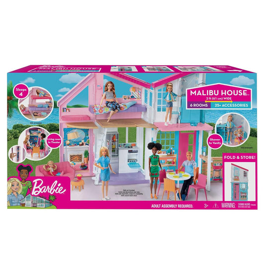 Barbie doll House 2-Story, 6-Room Dollhouse with Transformation Features, Plus 25+ Pieces Including Furniture, Patio Fence and Accessories, for Kids 3 Years Old and Up. Malibu