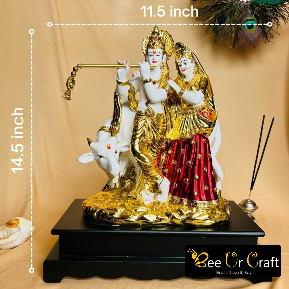 Radha Krishna Idol Gold Plated with Cow Standing Statue (14.5 Inch)