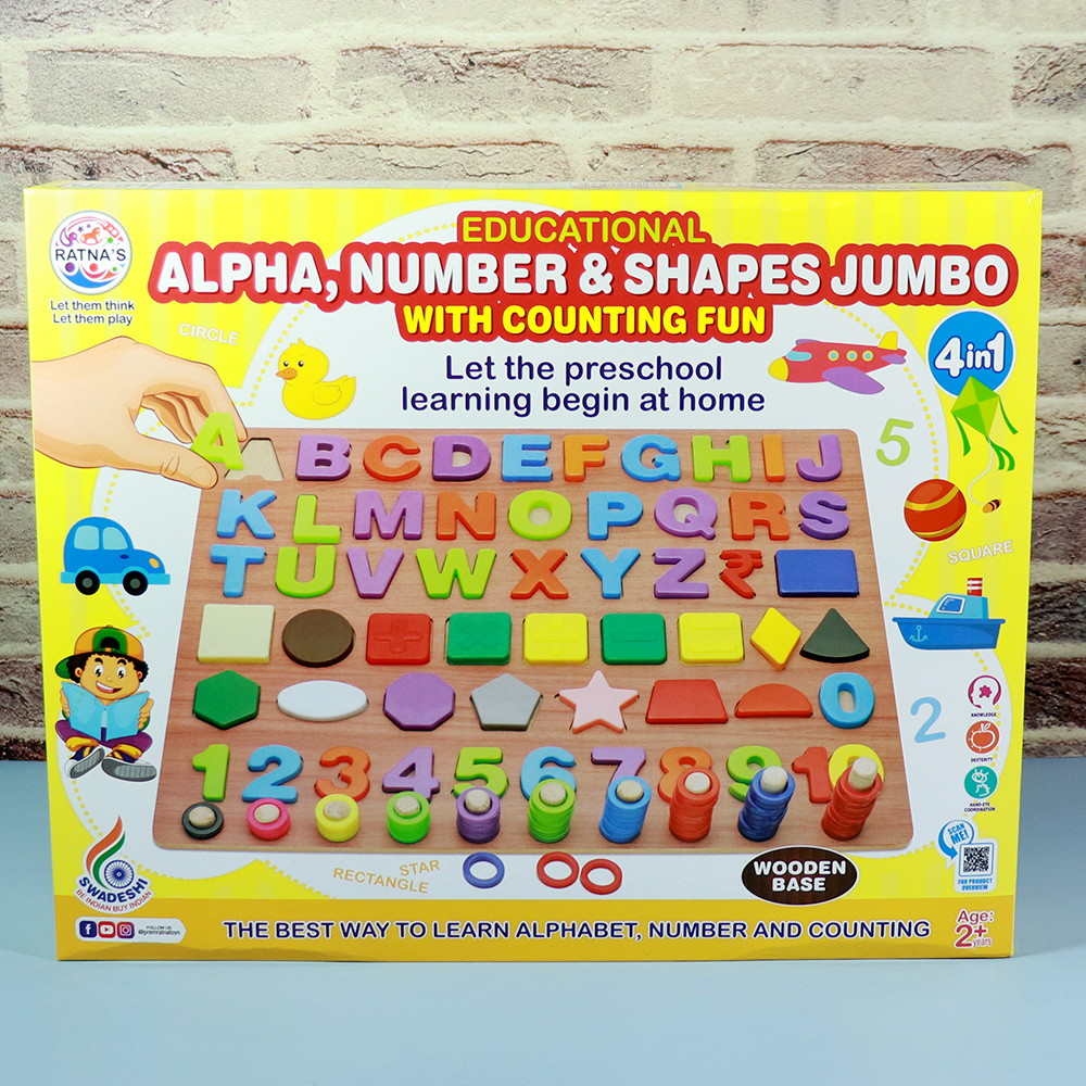 Alphabets Numbers & Shapes With Counting (Wooden Base) Educational Toy For Kids